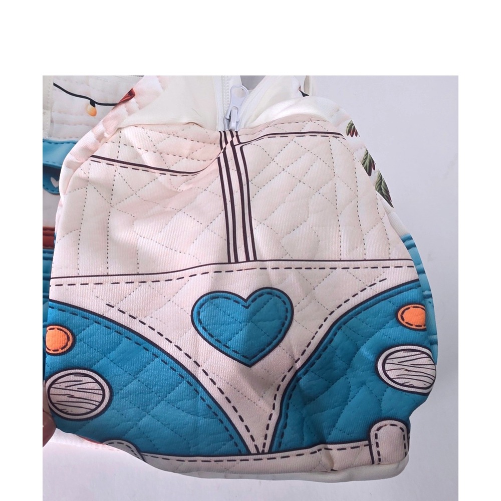Quilted Beach Camper Duffel Bag Blue White Tropical Surfboard VW Bus Travel Tote - Picture 2 of 5